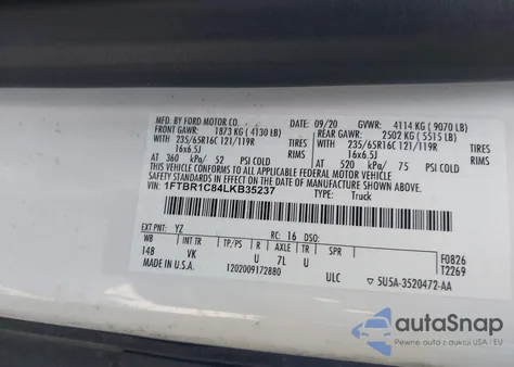 2020 Ford Transit-250 из США, поврежденный, VIN 1FTBR1C84LKB35237